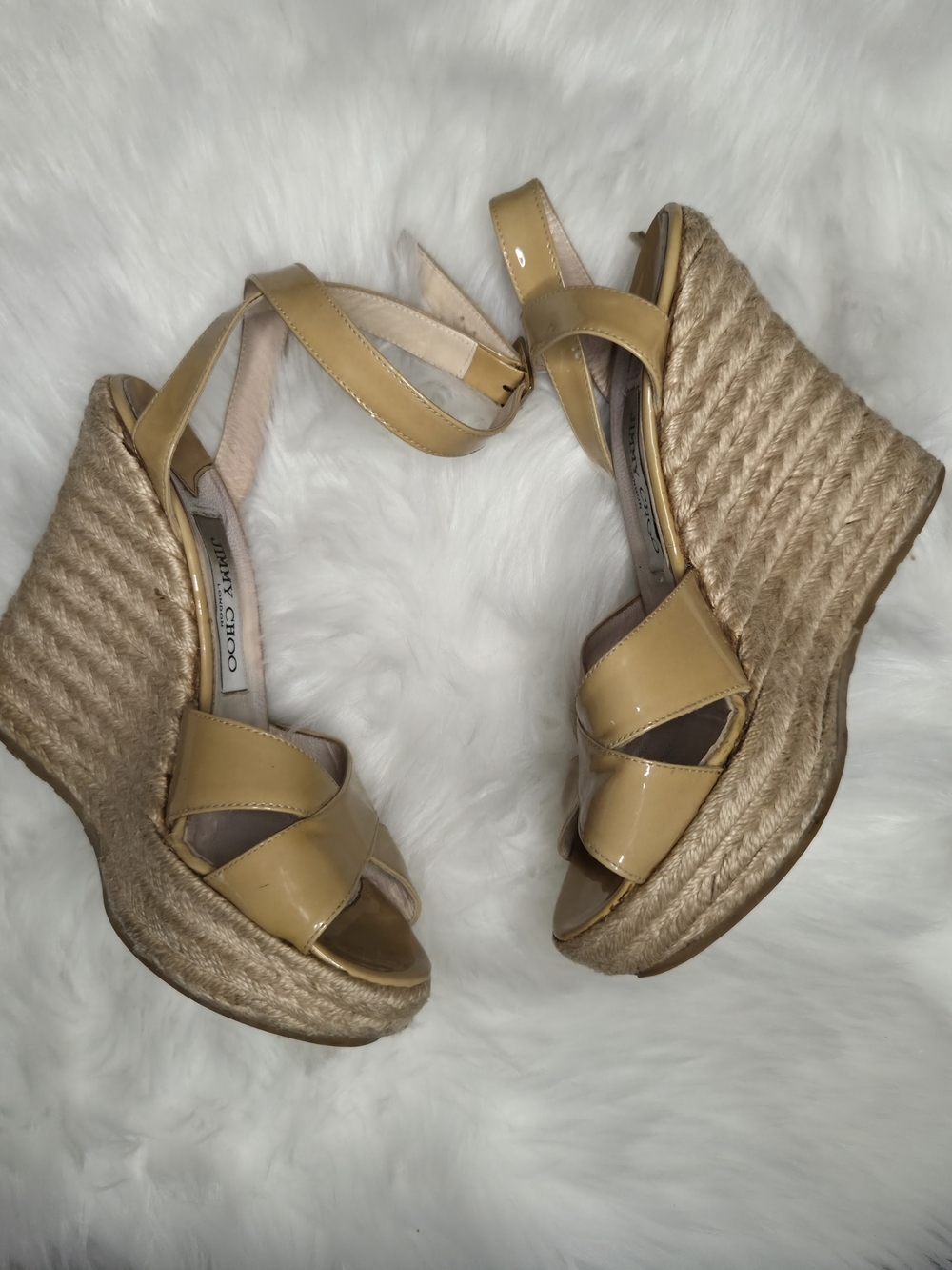 Jimmy Choo Tan Patent Leather Espadrille Wedge Sandals Size 7